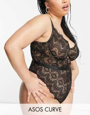 Кружевное нижнее белье Черное кружевное боди на косточках ASOS DESIGN Curve Rosie-Черный цвет