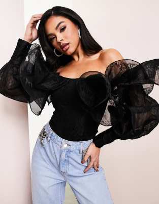  Черное кружевное боди на косточках с открытыми плечами ASOS LUXE-Черный цвет
