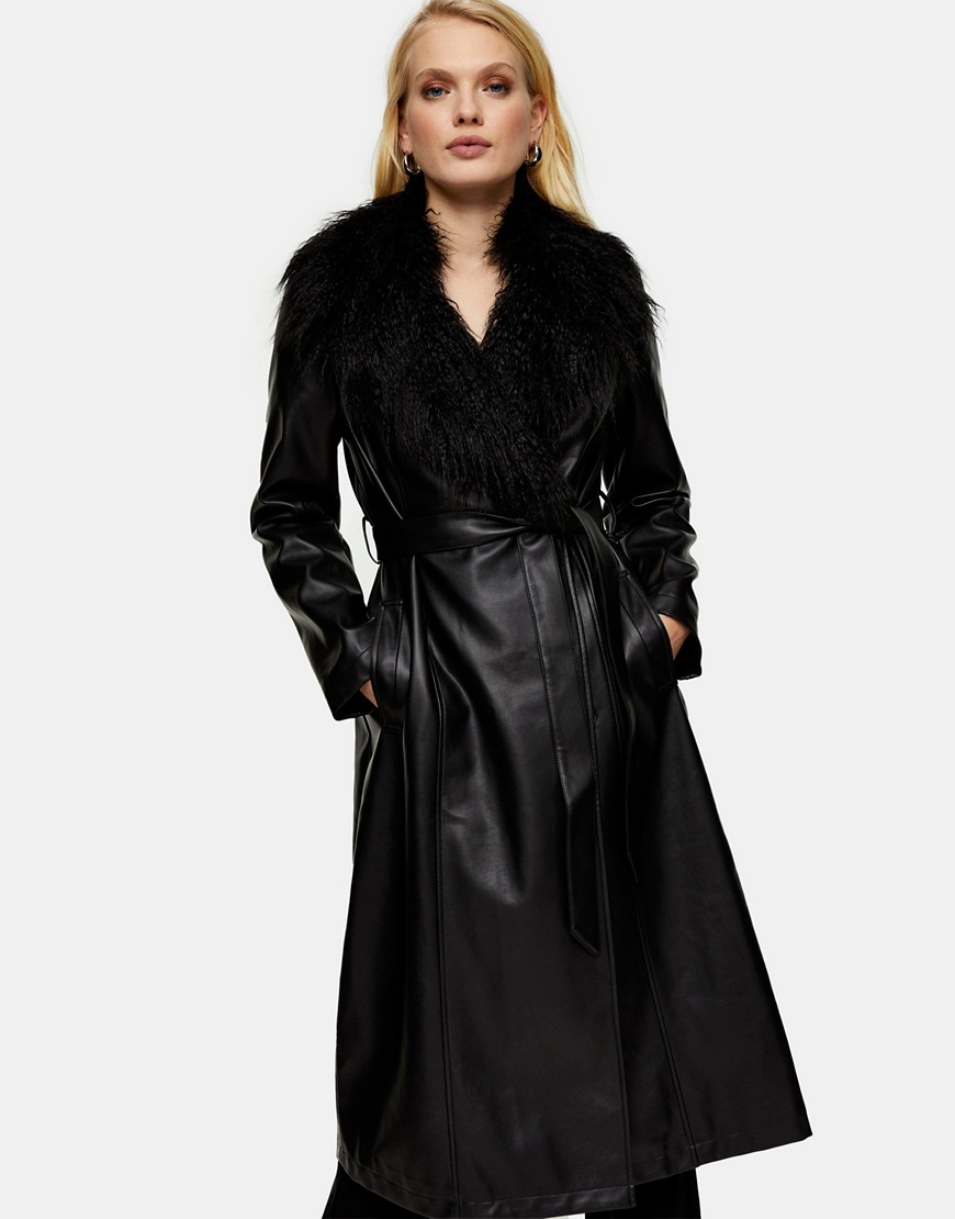 фото Черное пальто из искусственной кожи с отделкой из искусственного меха topshop-черный цвет