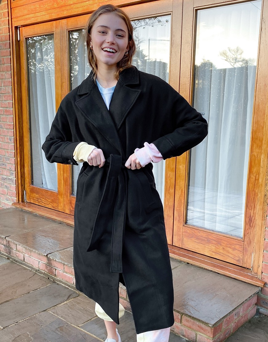 Черное пальто макси с заниженной линией плеч и поясом New Look-Черный
