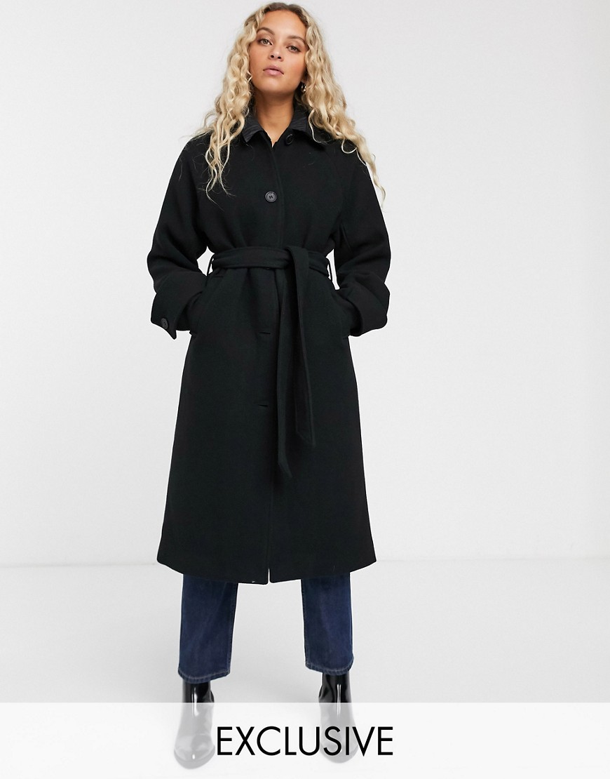 фото Черное пальто миди с поясом monki-черный