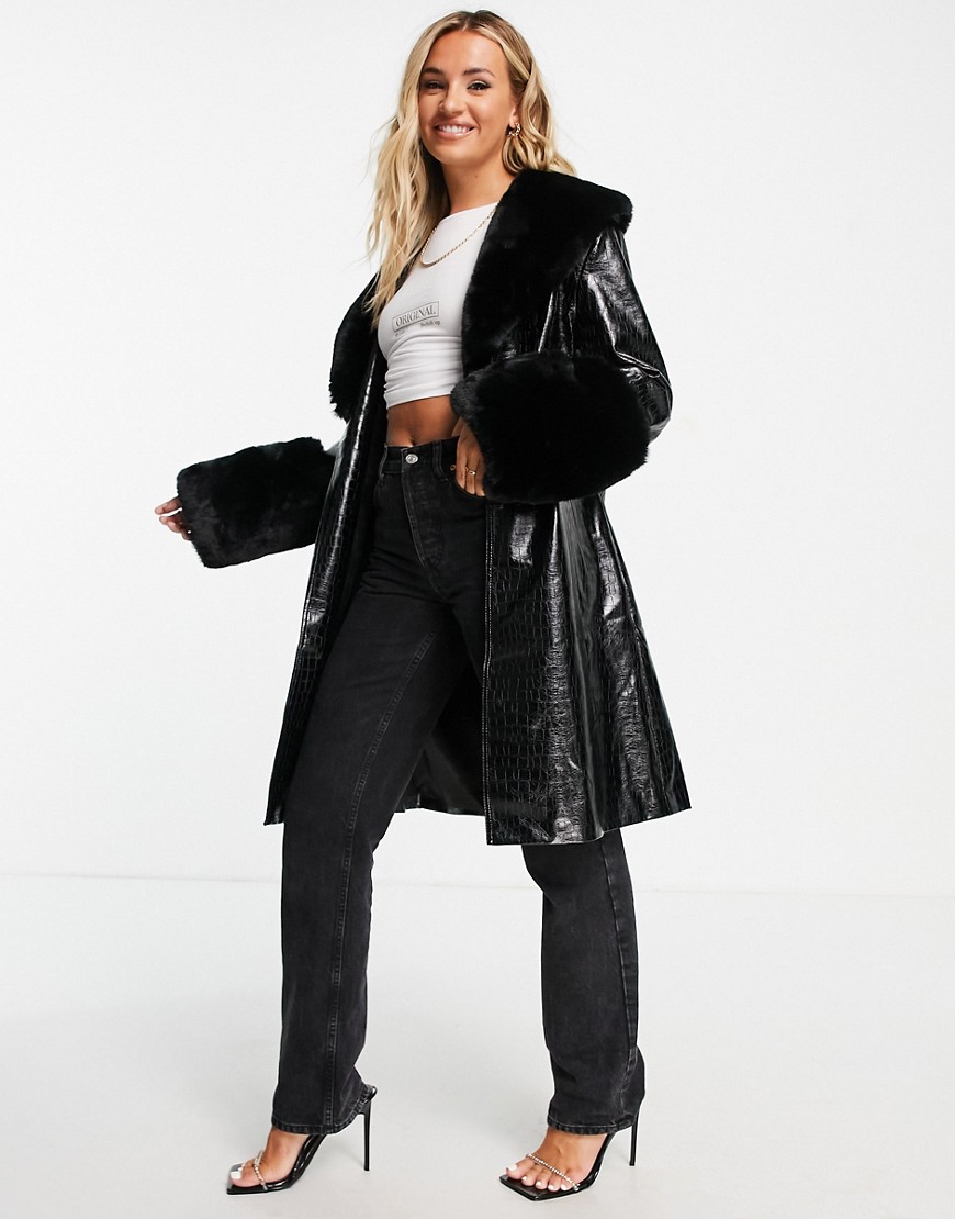 фото Черное пальто миди с завязкой на талии и отделкой искусственным мехом jayley-черный цвет