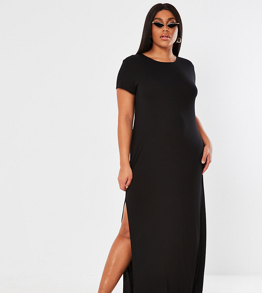фото Черное платье-футболка длины макси с разрезом сбоку missguided plus-черный
