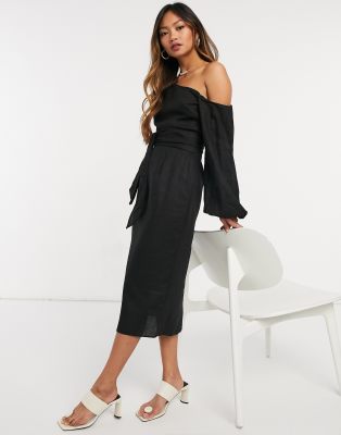 Черное платье-футляр миди с заниженной линией плеч и поясом ASOS DESIGN-Черный цвет