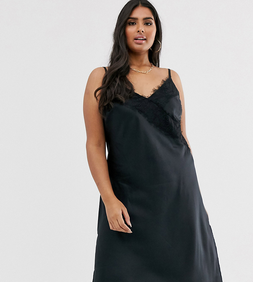 фото Черное платье-комбинация миди с кружевной отделкой simply be-черный