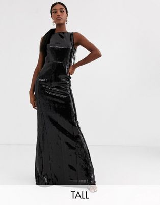 фото Черное платье макси с пайетками и бахромой сзади tfnc tall-черный