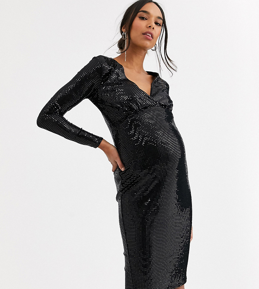 фото Черное платье миди с длинными рукавами и блестящими пайетками flounce london maternity-черный