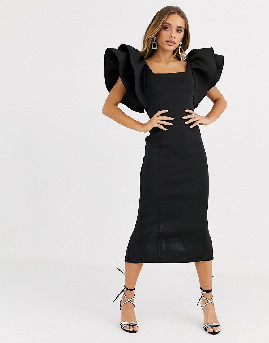 фото Черное платье миди с квадратным вырезом и отделкой missguided-черный