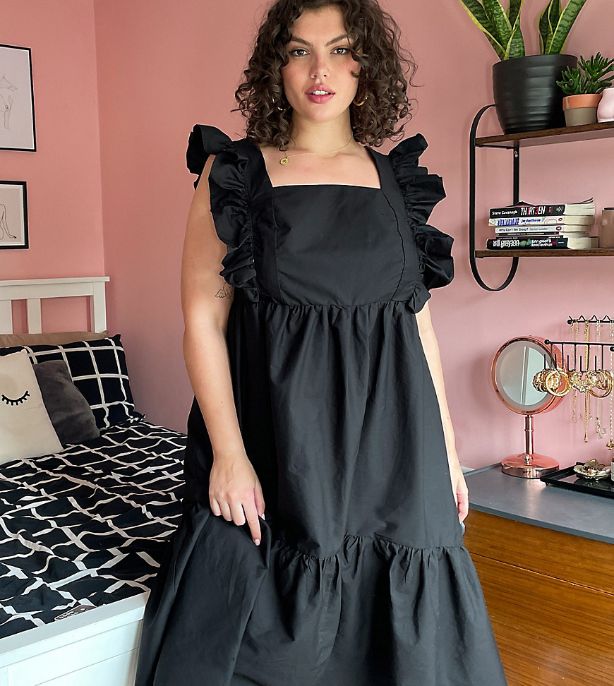 фото Черное платье миди с присборенной юбкой, квадратным вырезом и рукавами-оборками new look curve-черный new look plus