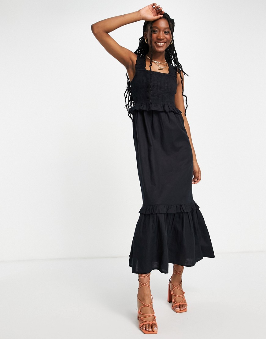 Черное платье миди с присборенным лифом и оборками -Черный цвет Lipsy 11749024
