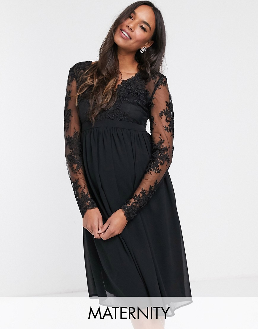 фото Черное платье миди с прозрачными рукавами и кружевными вставками chi chi london maternity-черный