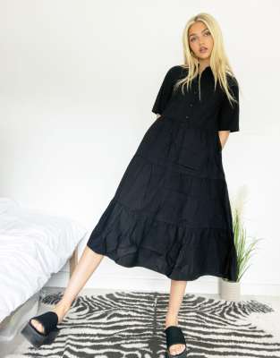 Платья миди  Asos Черное платье-рубашка миди из органического хлопка Monki Ronja-Черный цвет