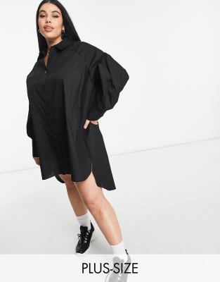 фото Черное платье-рубашка в стиле oversized с объемными рукавами threadbare plus size-черный цвет threadbare curve