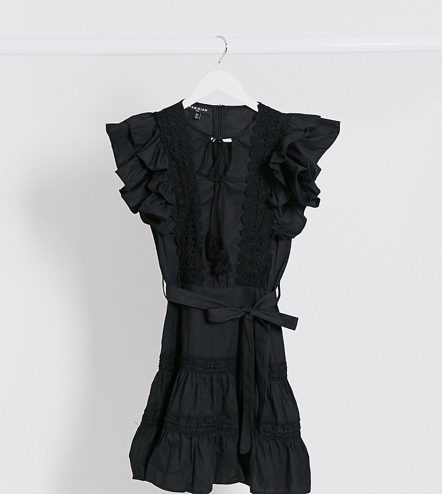фото Черное платье мини с оборками и кружевной отделкой parisian tall-черный