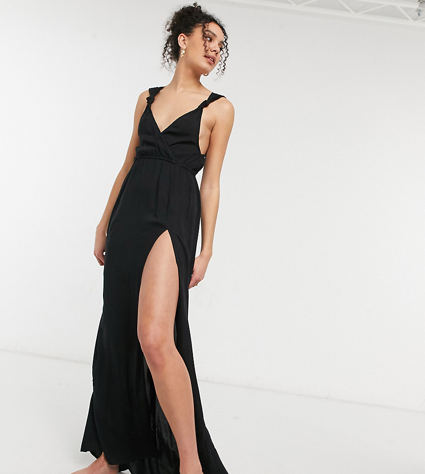 Черное пляжное платье макси из переработанного материала на бретелях с узелками ASOS DESIGN Tall-Черный цвет
