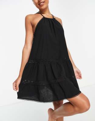 Маленькие черные платья  Asos Черное пляжное ярусное платье мини с завязкой на шее River Island-Черный цвет