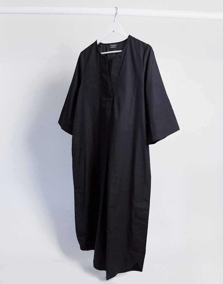 фото Черное поплиновое платье миди с рукавами кимоно selected femme-черный