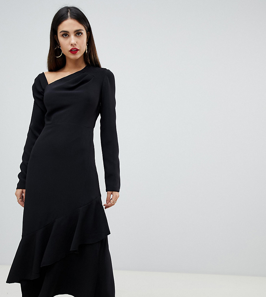 фото Черное приталенное платье миди с вырезом по косой и оборкой yaura-черный