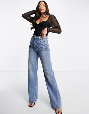 фото Черное сетчатое боди с объемными рукавами и бантом спереди missguided tall-черный цвет