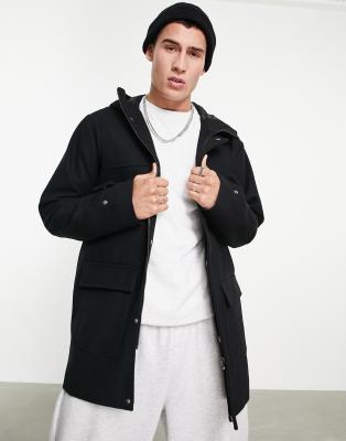 фото Черное шерстяное пальто с капюшоном и двумя карманами jack & jones originals-черный цвет