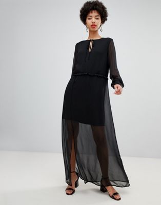 фото Черное шифоновое платье макси с рукавами на манжетах vero moda-черный