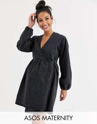 Черное свободное джинсовое платье мини с запахом ASOS DESIGN Maternity-Черный