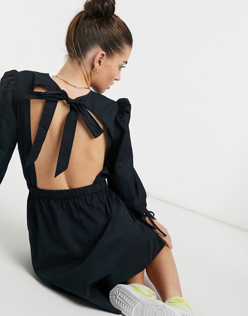 Черное свободное платье мини из органического хлопка с открытой спиной и завязкой Aligne-Черный цвет