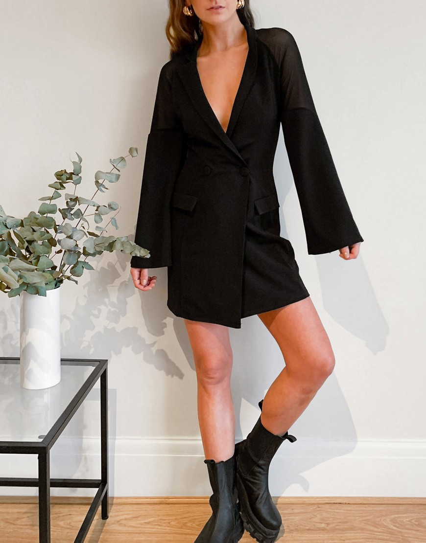 Черное свободное платье-смокинг со вставками из сетки на рукавах ASOS DESIGN-Черный