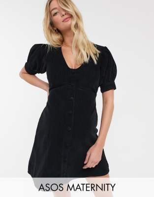 Черное вельветовое платье мини с глубоким вырезом и пышными рукавами ASOS DESIGN Maternity-Черный цвет