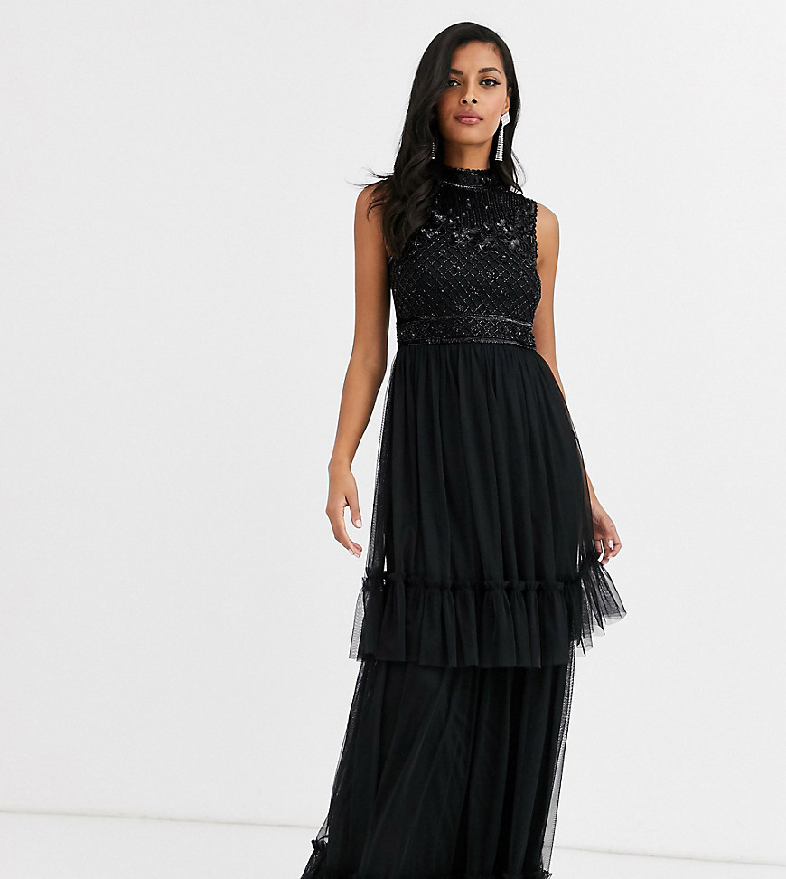 фото Черное ярусное декорированное платье макси amelia rose-черный