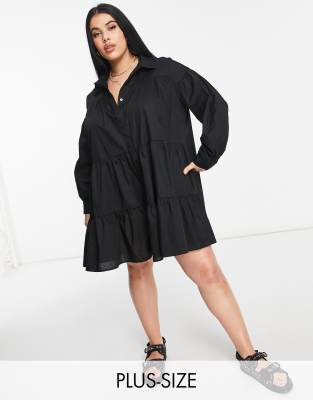 фото Черное ярусное платье-рубашка threadbare plus size-черный цвет threadbare curve