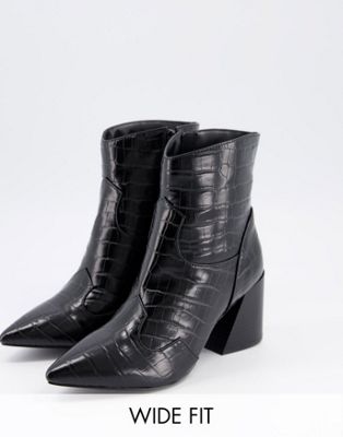 фото Черные ботильоны на каблуке с крокодиловым принтом для очень широкой стопы simply be-черный цвет