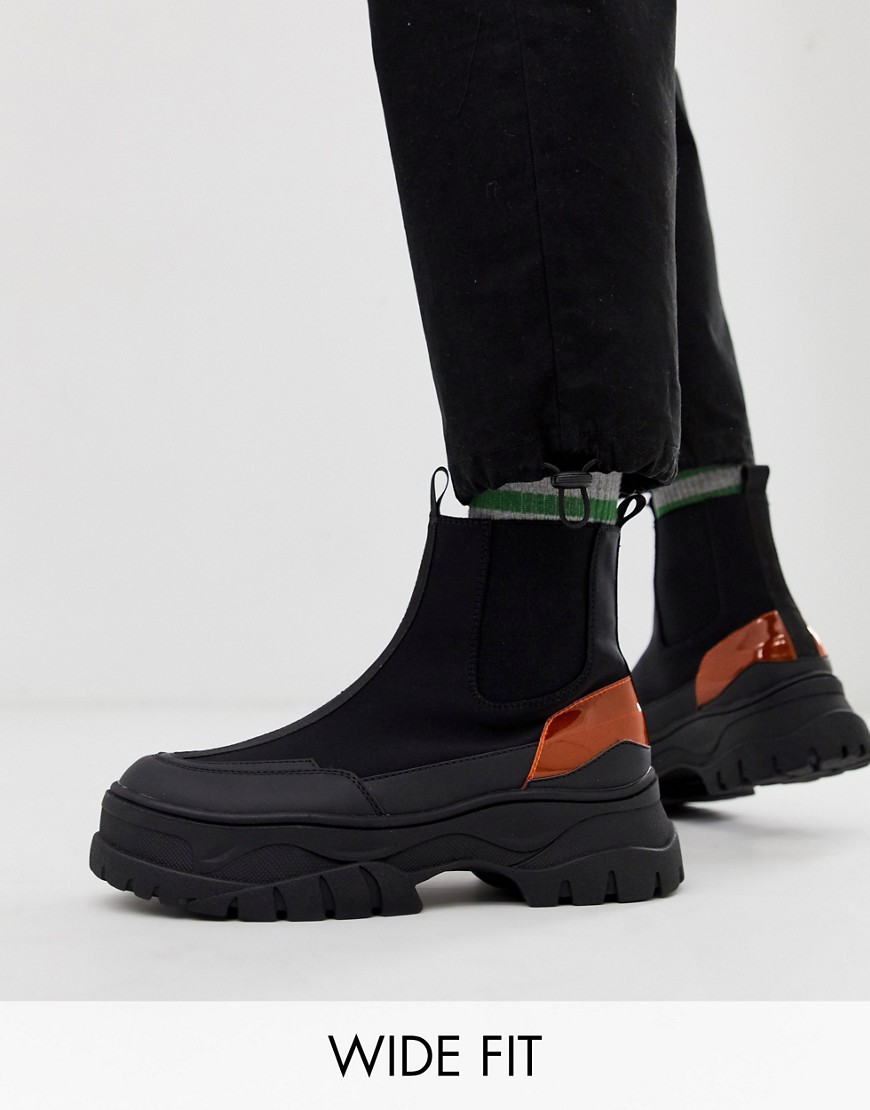 фото Черные ботинки челси для широкой стопы с массивной подошвой и отделкой неоновой расцветки asos design-черный