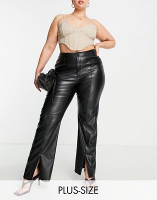 фото Черные брюки из искусственной кожи с разрезами по низу штанин missguided plus-черный