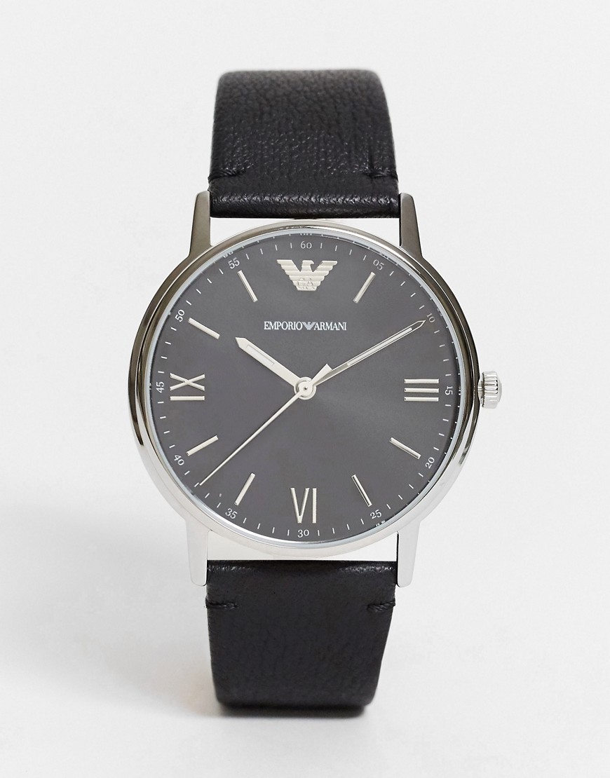 фото Черные часы с кожаным ремешком emporio armani-черный