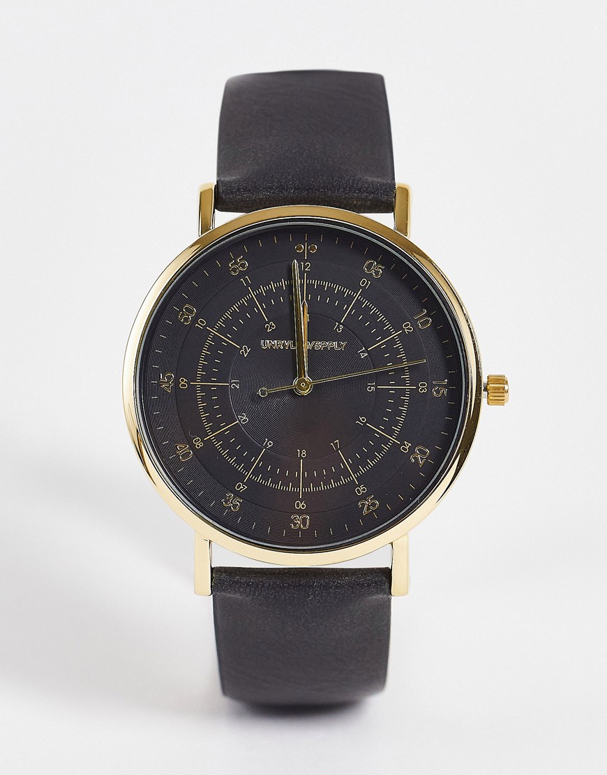 фото Черные часы с ремешком из искусственной кожи и золотистой отделкой asos design-черный цвет