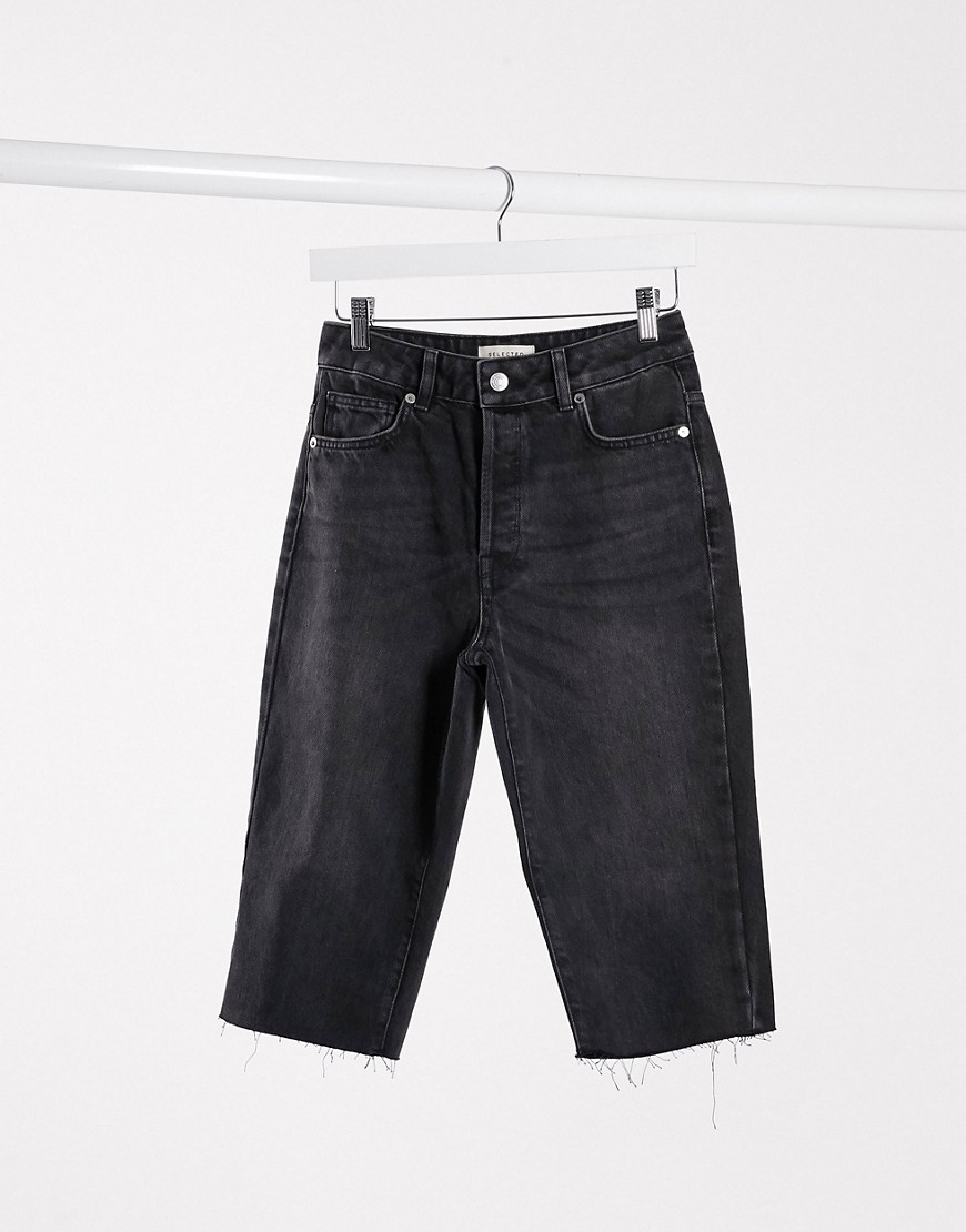 фото Черные длинные джинсовые шорты с необработанным краем selected femme-черный