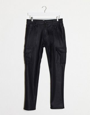 фото Черные джинсы скинни из искусственной кожи с завышенной талией и карманами карго asos design-черный