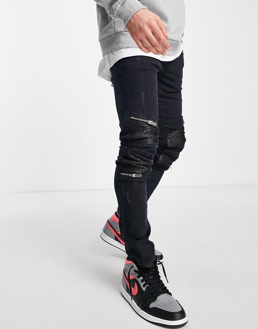 фото Черные джинсы со рваной отделкой и вставками из искусственной кожи на коленях sixth june-черный