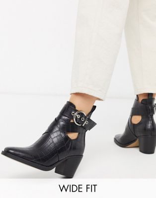 фото Черные ковбойские ботинки на каблуке с крокодиловым рисунком для широкой стопы truffle collection-черный