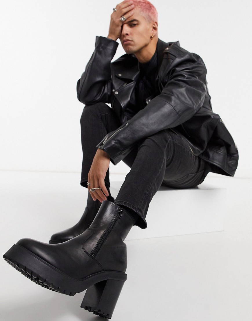 фото Черные кожаные ботинки челси на платформе и каблуке asos design-черный