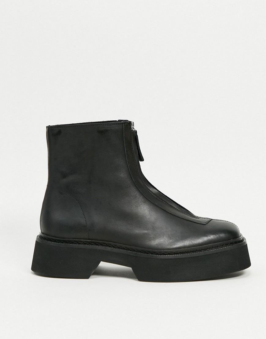 фото Черные кожаные ботинки челси на толстой подошве с молнией спереди asos design-черный