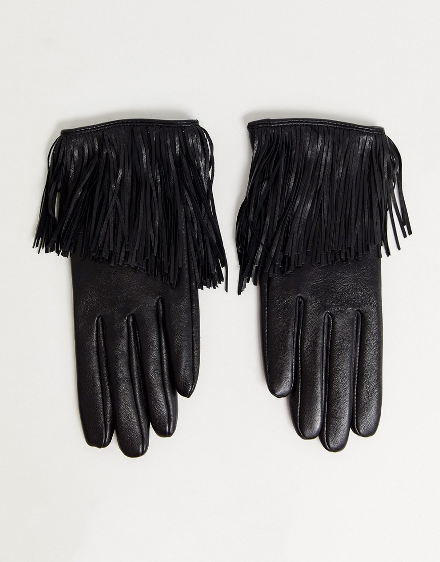 фото Черные кожаные перчатки для сенсорных экранов с бахромой asos design-черный