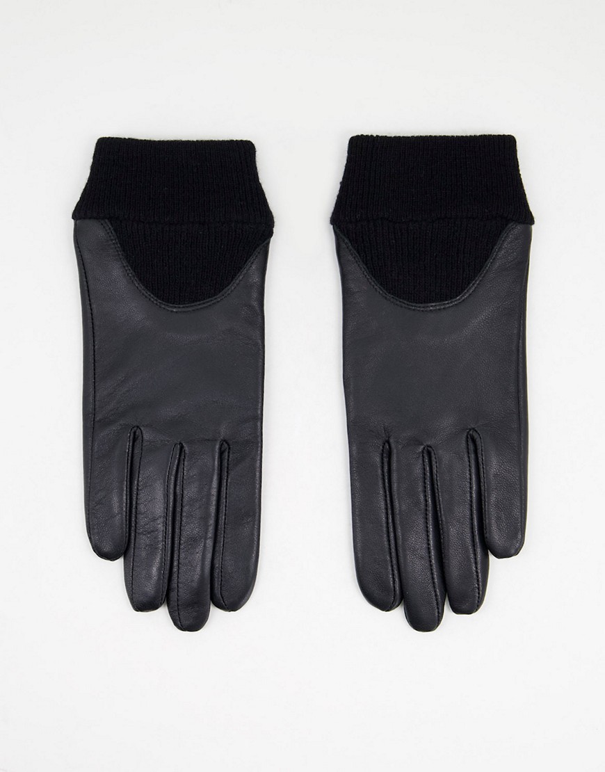 фото Черные кожаные перчатки для сенсорных экранов с манжетами в рубчик asos design-черный цвет