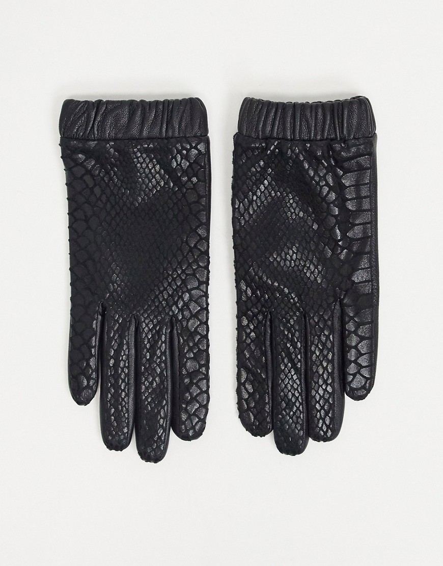 фото Черные кожаные перчатки с блестящим змеиным принтом и сборками на манжетах asos design-черный цвет