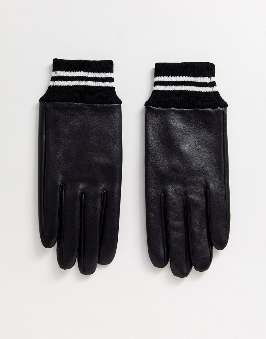 фото Черные кожаные перчатки с полосатыми манжетами в рубчик asos design-черный