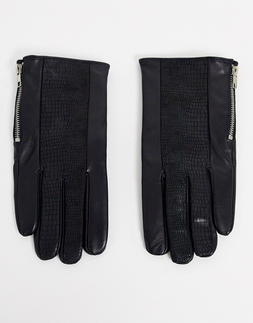 фото Черные кожаные перчатки со вставкой под кожу крокодила asos design-черный