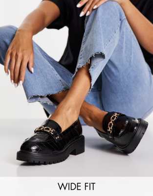 Туфли для офиса Черные лоферы с декоративной цепочкой Topshop Wide Fit Luka-Черный цвет