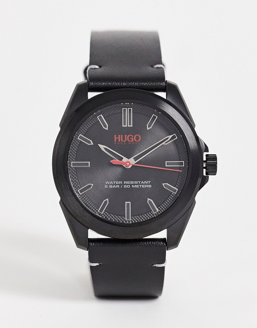 фото Черные мужские часы с кожаным ремешком hugo 1530227-черный цвет