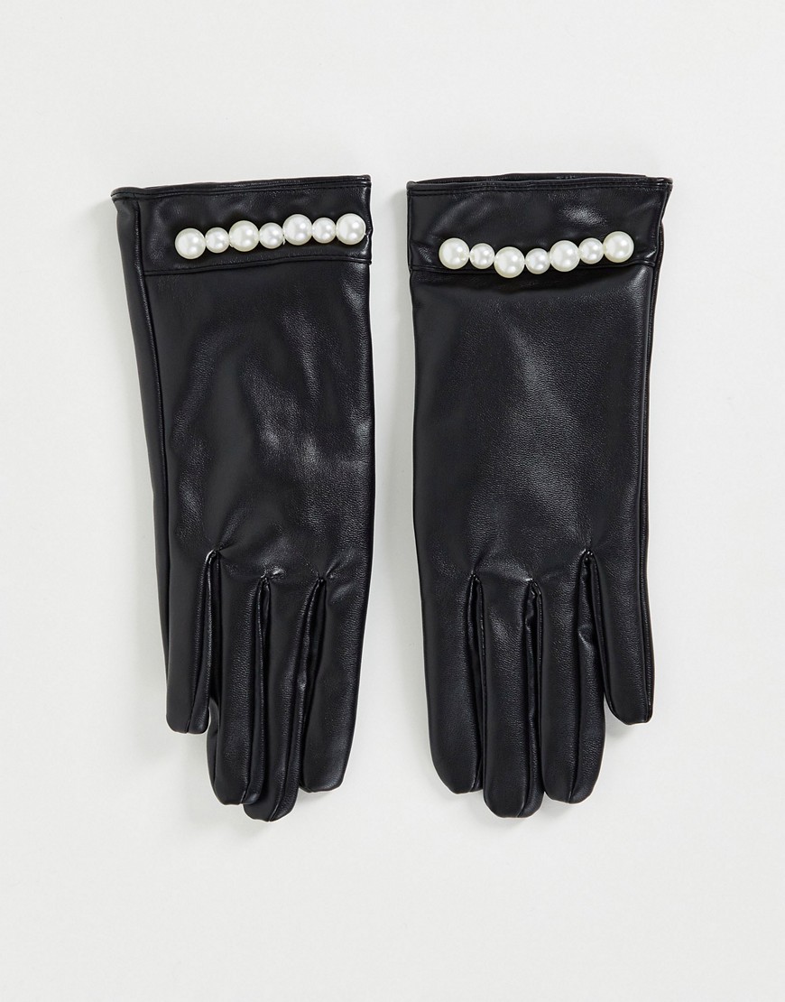 фото Черные перчатки из искусственной кожи с отделкой искусственным жемчугом svnx-черный цвет